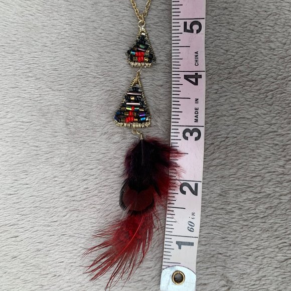 Express Layered Golden-Toned Beaded Triangles and Feather Necklace - Picture 14 of 15